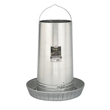 Galvanized metal chicken feeder with a hanging handle and a label indicating 'Chicken Feeder King'. on a white background