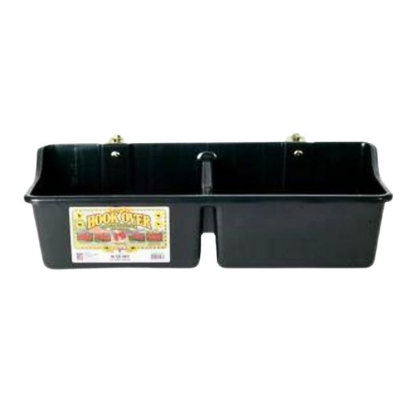 Miller black plastic feeder with divider on a white background