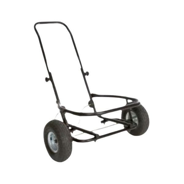 Black metal muck cart with large wheels on a white background