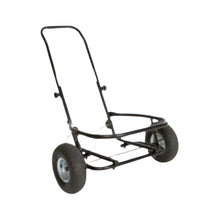 Black metal muck cart with large wheels on a white background