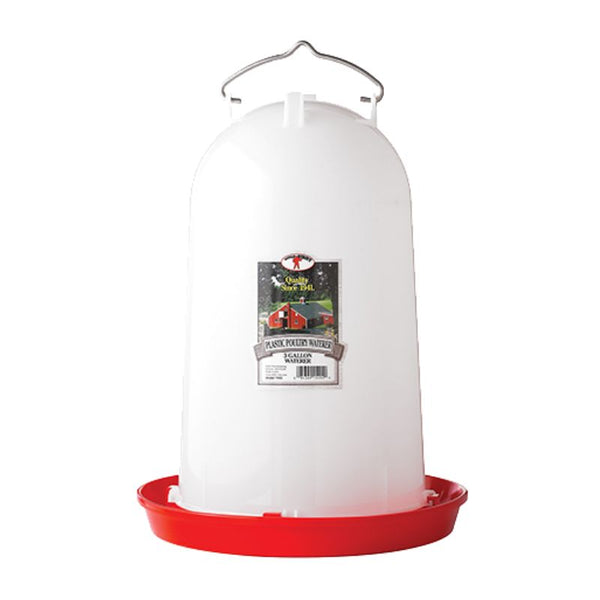 Plastic poultry waterer with red base on a white background