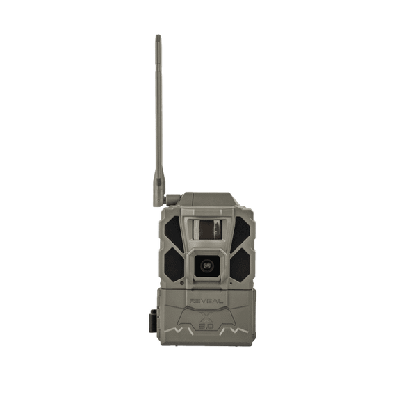 Camouflage trail camera with antenna on a white background