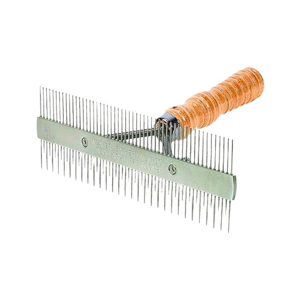Metal comb with wooden handle on a white background