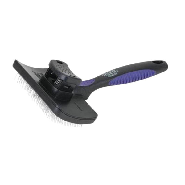 Pet grooming brush with black and purple handle on a white background