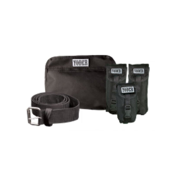 Black Yoder competition belt combo set with belt, pouch, and two magazine holders on a white background