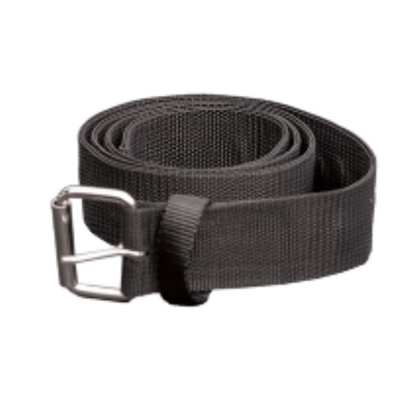 Black nylon belt with metal buckle on a white background