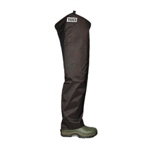Dark brown Bad Dog waders with green boots on a white backgroun