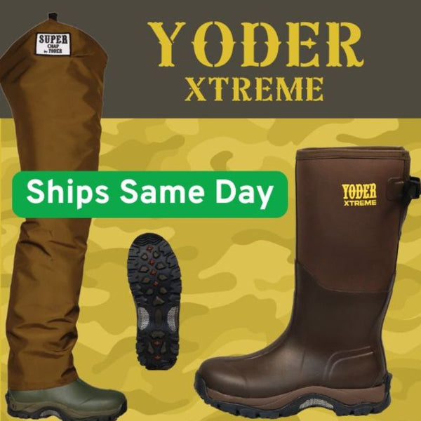 Brown Yoder Extreme boots with a camouflage pattern and 'Ships Same Day' text on a green background.