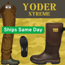 Brown Yoder Extreme boots with a camouflage pattern and 'Ships Same Day' text on a green background.